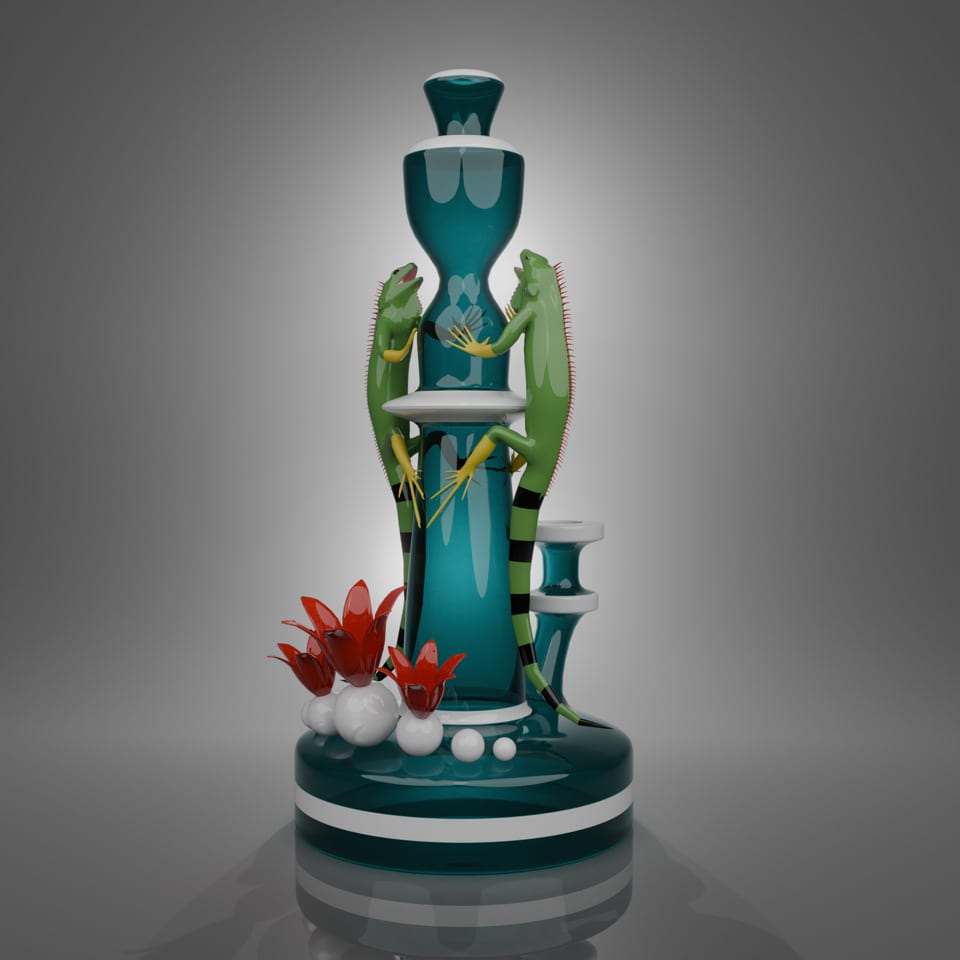 Teal glass piece by Robert Mickelsen with two green iguanas climbing a column beside red glass flowers, on a striped teal base