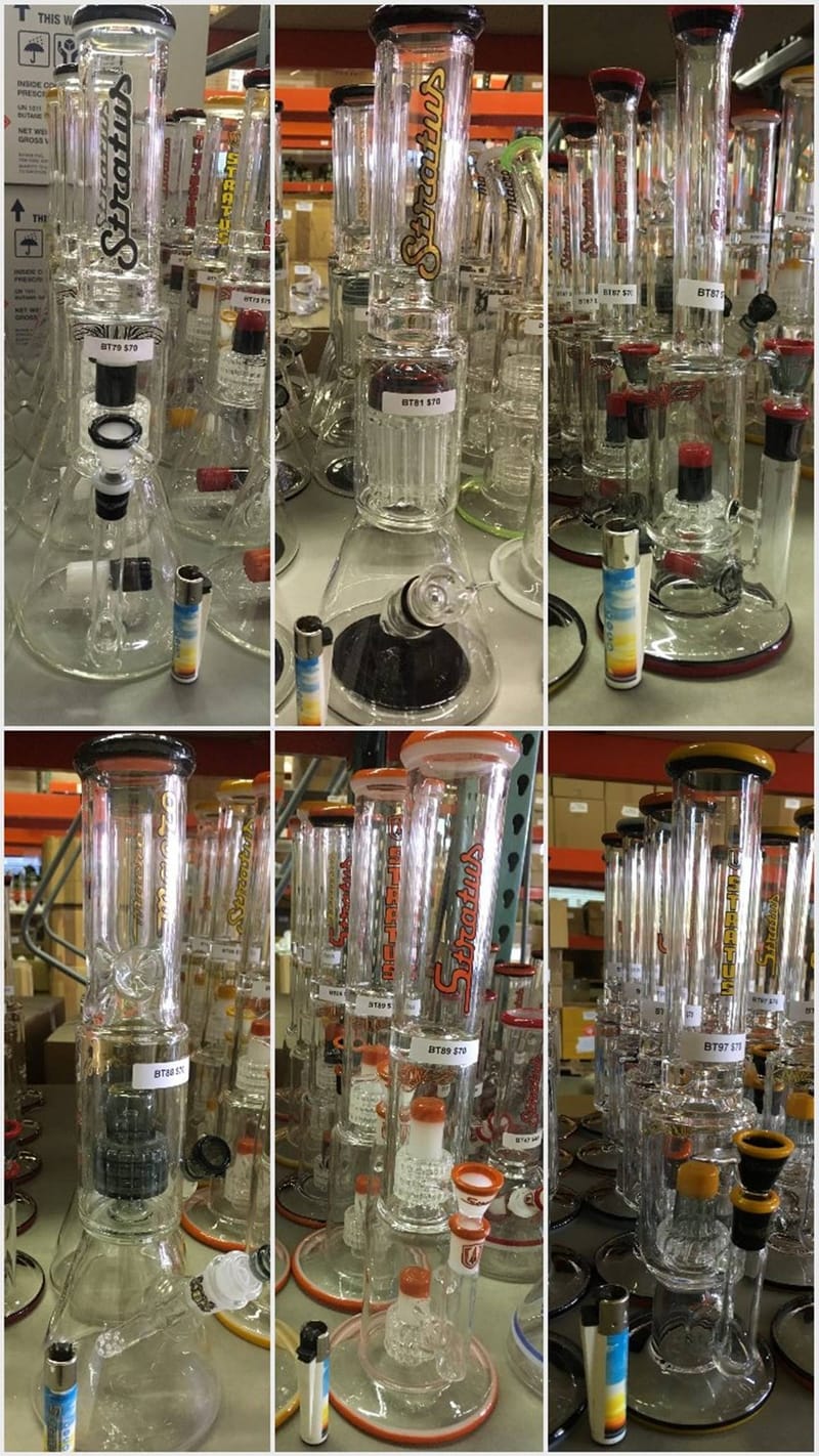 Four views of straight-tube water pipes with tree and honeycomb percolators