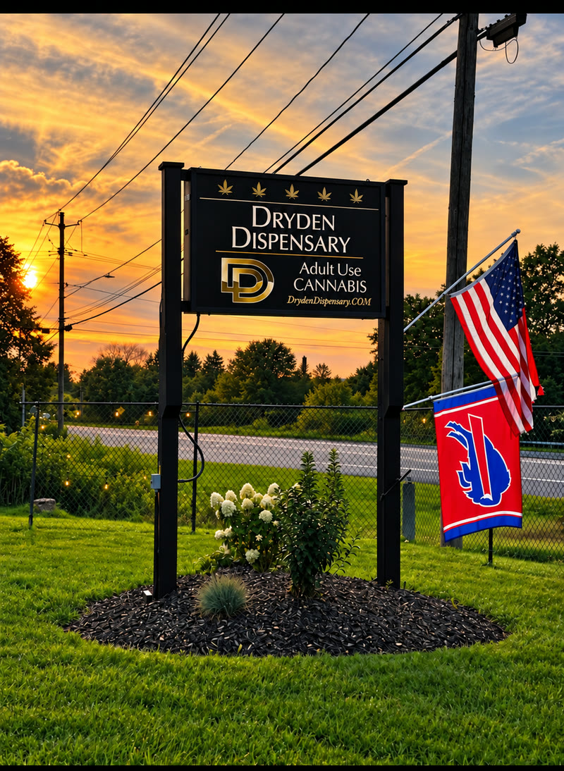 The Dryden Dispensary roadside sign on Route 13 at sunset, with the American flag and a Buffalo Bills flag