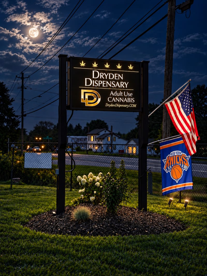 The Dryden Dispensary roadside sign on Route 13 at night, lit against a full moon